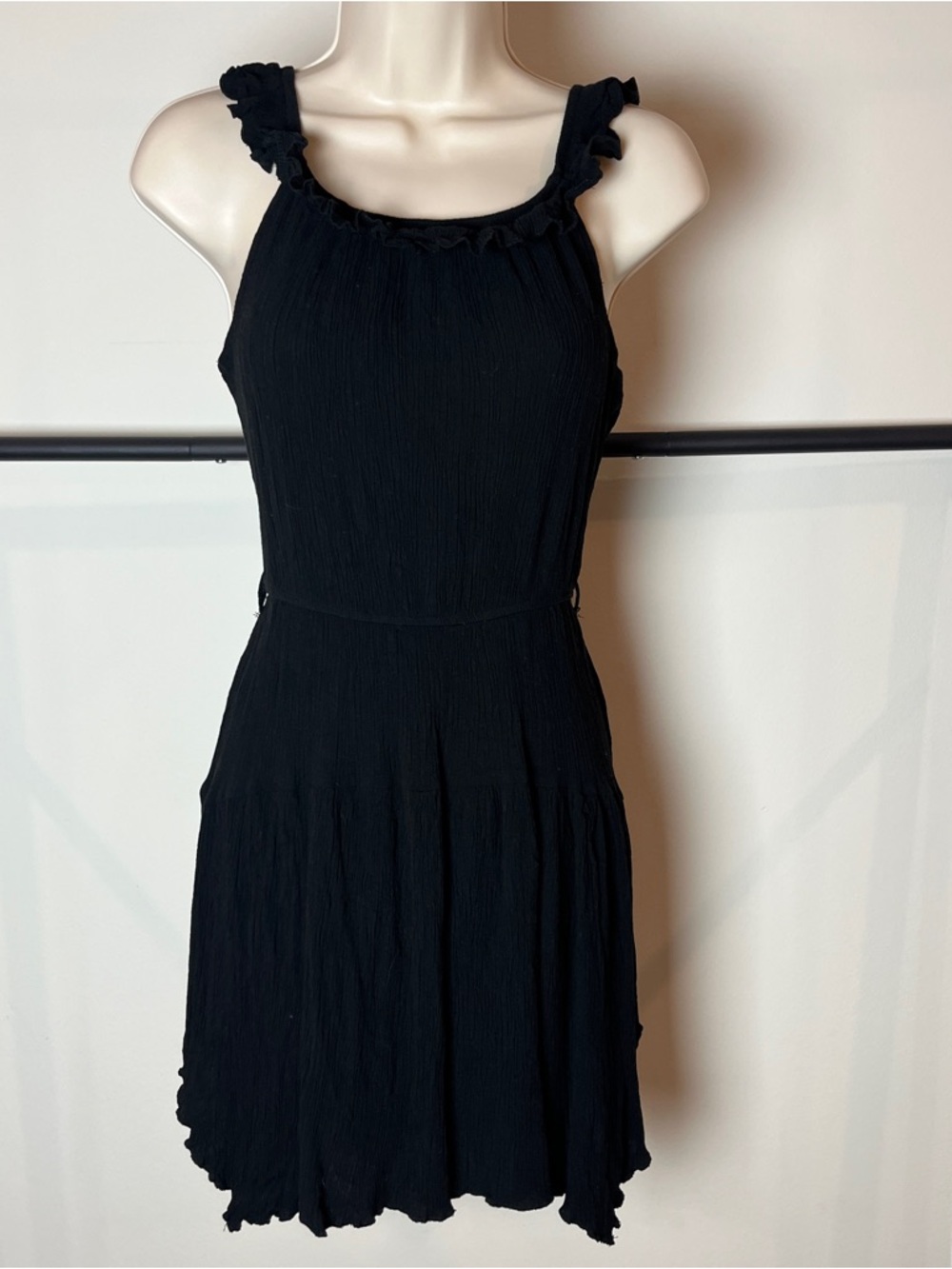 Wallflower Black Ruffle Strap Beach Textured Mini Dress